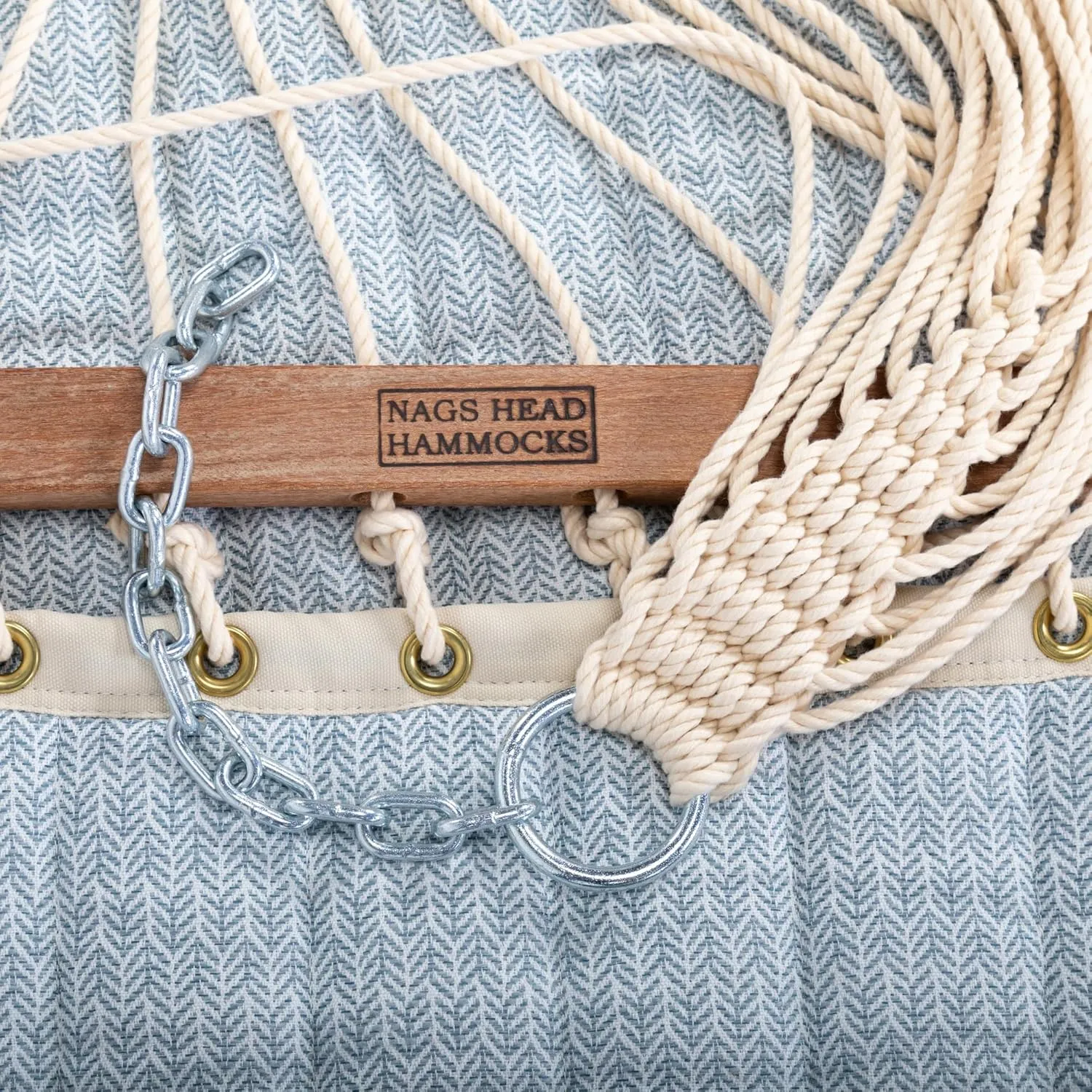 Nags Head Hammocks Festoon Mist Bella Dura Quilted Hammock, Constructed of Durable Fabrics, Cumaru Spreader Bar, Rolled Rim Grommets, Galvanized Hardware, Handcrafted in The Carolinas