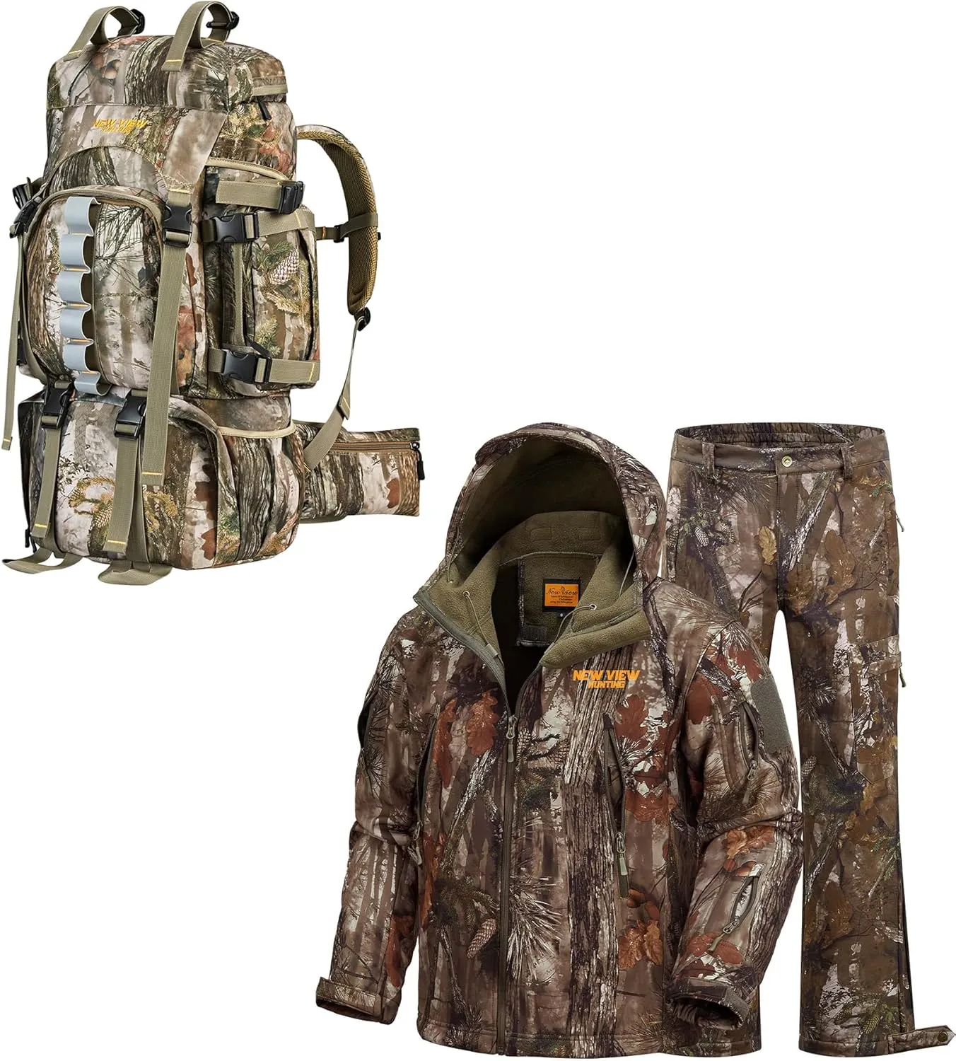 NEW VIEW Size XL Tree Camo Hunting Suit and 60L Hunting Backpack