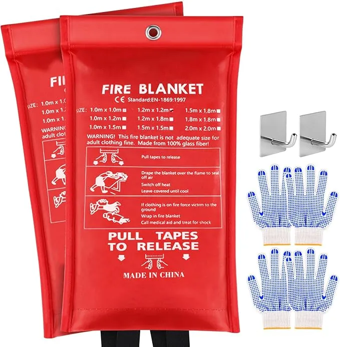 NEXARA Emergency Fire Blanket for Home and Kitchen - 2 Pack 47"x47" Flame Suppression Fiberglass Fire Blankets for House Camping Car Office Warehouse Emergency Survival Safety 2 Hooks & 2 Gloves
