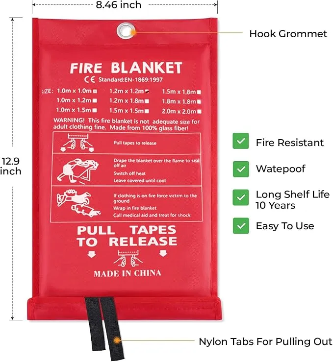 NEXARA Emergency Fire Blanket for Home and Kitchen - 2 Pack 47"x47" Flame Suppression Fiberglass Fire Blankets for House Camping Car Office Warehouse Emergency Survival Safety 2 Hooks & 2 Gloves