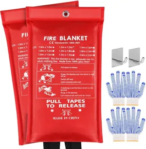 NEXARA Emergency Fire Blanket for Home and Kitchen - 2 Pack 47"x47" Flame Suppression Fiberglass Fire Blankets for House Camping Car Office Warehouse Emergency Survival Safety 2 Hooks & 2 Gloves
