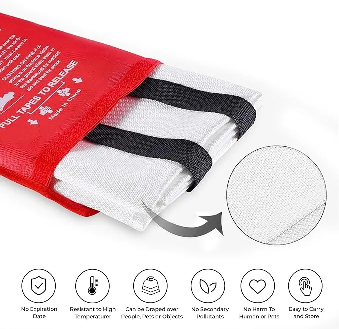 NEXARA Emergency Fire Blanket for Home and Kitchen - 2 Pack 47"x47" Flame Suppression Fiberglass Fire Blankets for House Camping Car Office Warehouse Emergency Survival Safety 2 Hooks & 2 Gloves