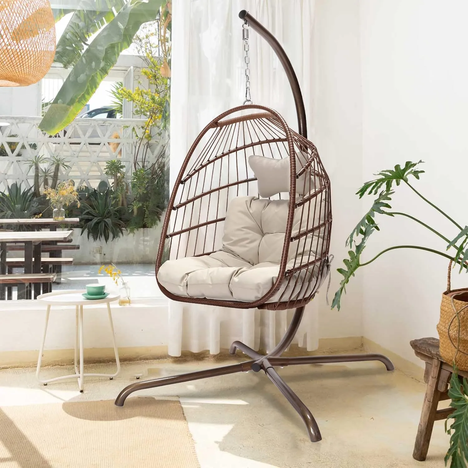 NICESOUL Swing Egg Chair Indoor Outdoor, Patio Wicker Hanging Chair with Stand, All Weather Egg Hammock Chairs with Cushions, 350lbs Durable Birthday Gift Swinging Chair for Backyard Balcony, Brown
