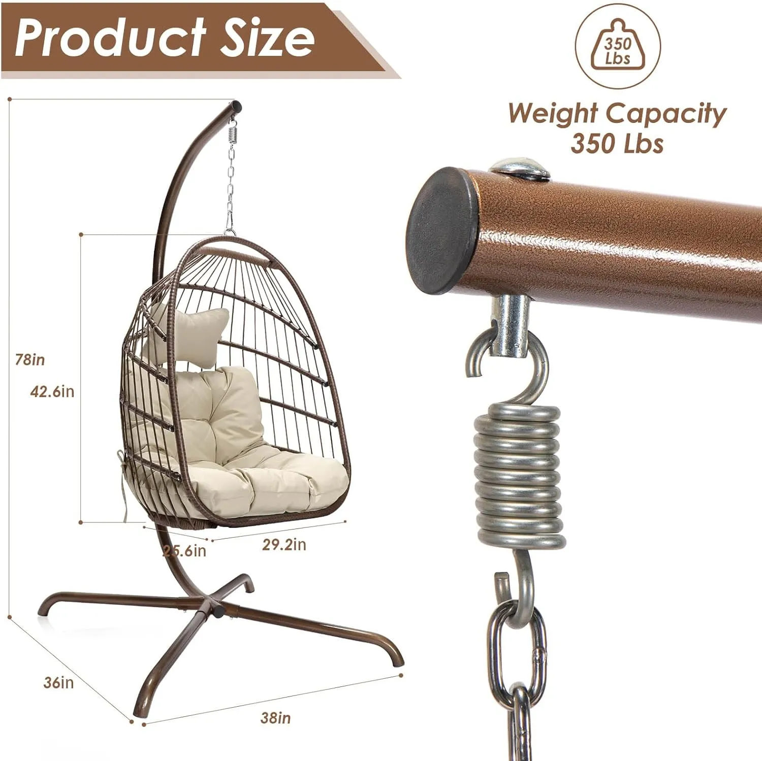 NICESOUL Swing Egg Chair Indoor Outdoor, Patio Wicker Hanging Chair with Stand, All Weather Egg Hammock Chairs with Cushions, 350lbs Durable Birthday Gift Swinging Chair for Backyard Balcony, Brown