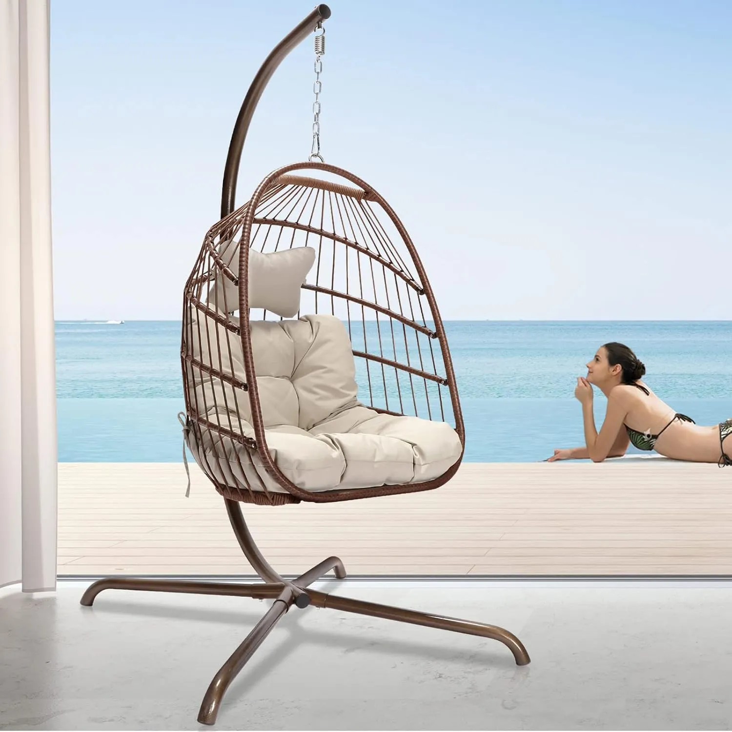 NICESOUL Swing Egg Chair Indoor Outdoor, Patio Wicker Hanging Chair with Stand, All Weather Egg Hammock Chairs with Cushions, 350lbs Durable Birthday Gift Swinging Chair for Backyard Balcony, Brown