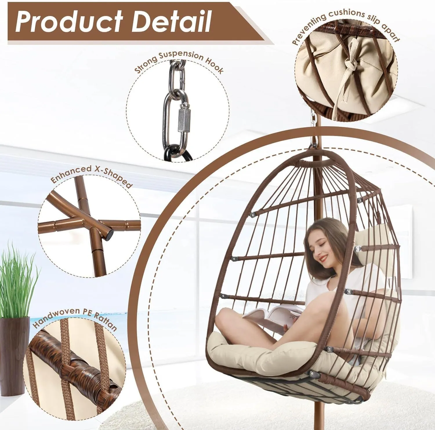 NICESOUL Swing Egg Chair Indoor Outdoor, Patio Wicker Hanging Chair with Stand, All Weather Egg Hammock Chairs with Cushions, 350lbs Durable Birthday Gift Swinging Chair for Backyard Balcony, Brown