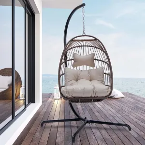 NICESOUL Swing Egg Chair Indoor Outdoor, Patio Wicker Hanging Chair with Stand, All Weather Egg Hammock Chairs with Cushions, 350lbs Durable Birthday Gift Swinging Chair for Backyard Balcony, Brown