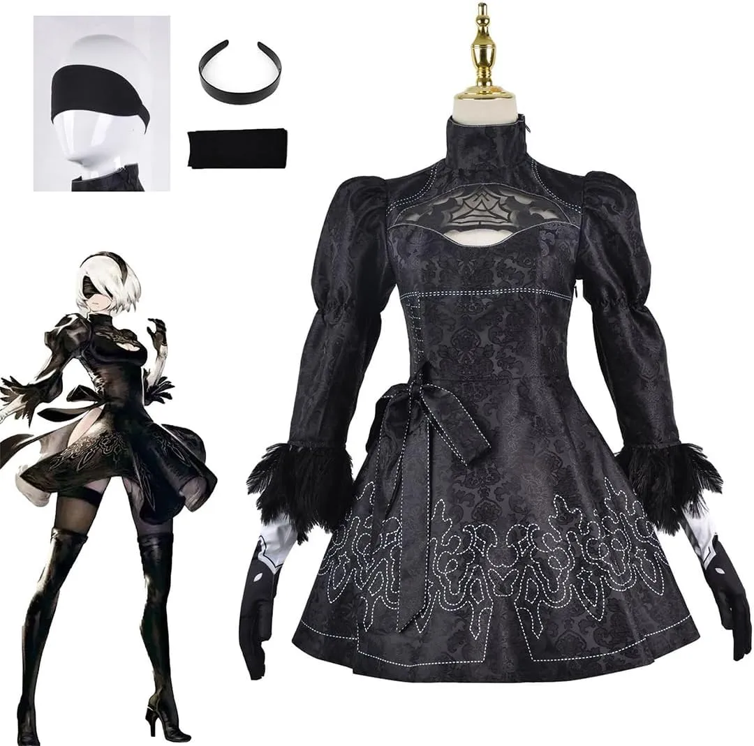NieR: Automata 2b Cosplay Black Tone Dress and Wig Animation Cosplay Halloween Costume with Gloves