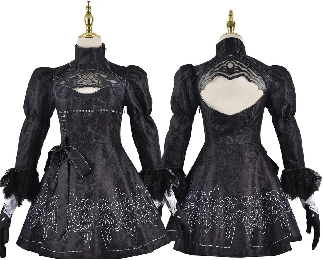 NieR: Automata 2b Cosplay Black Tone Dress and Wig Animation Cosplay Halloween Costume with Gloves