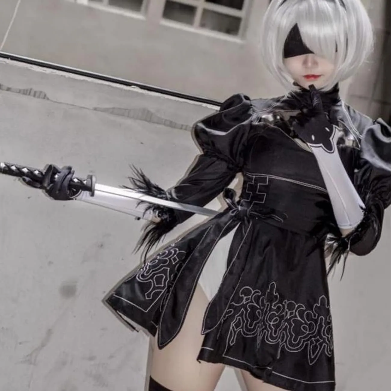NieR: Automata 2b Cosplay Black Tone Dress and Wig Animation Cosplay Halloween Costume with Gloves