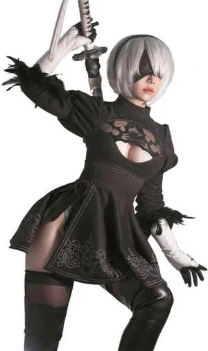 NieR: Automata 2b Cosplay Black Tone Dress and Wig Animation Cosplay Halloween Costume with Gloves