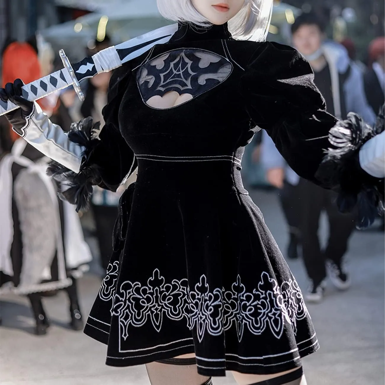 NieR: Automata 2b Cosplay Black Tone Dress and Wig Animation Cosplay Halloween Costume with Gloves
