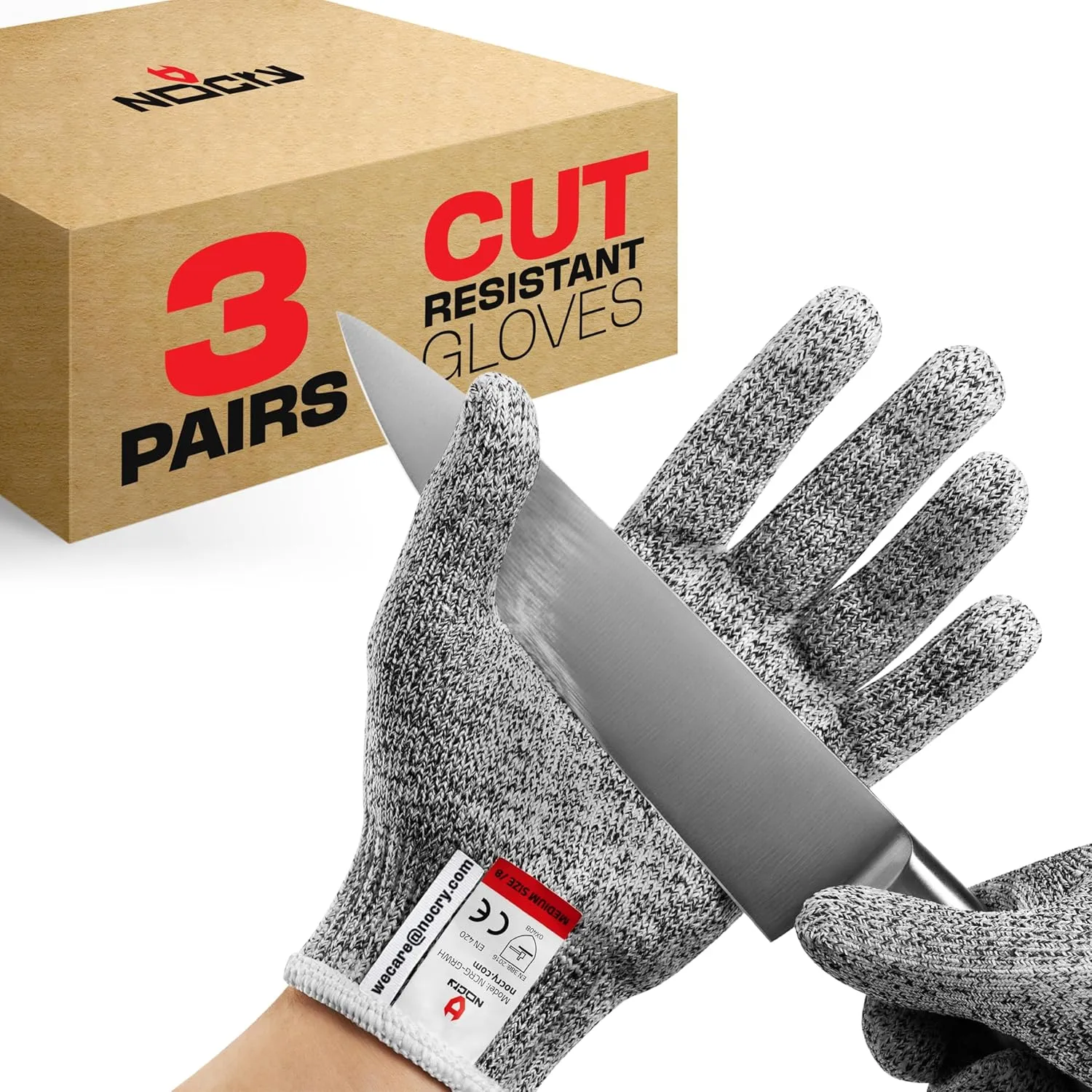 NoCry Premium Cut Resistant Gloves Food Grade — Level 5 Protection; Ambidextrous; Machine Washable; Superior Comfort and Dexterity; Lightweight; Complimentary eBook (3-pack)