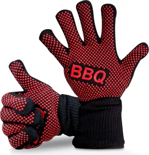 NutriChef BBQ Gloves - 1472°F Heat Resistant, Fireproof Mitts with Non-Slip Silicone Grip, Perfect for Barbecue, Grilling, Cooking, Baking & Camping, 14-inch, Food Grade, Washable Kitchen Oven Mitts