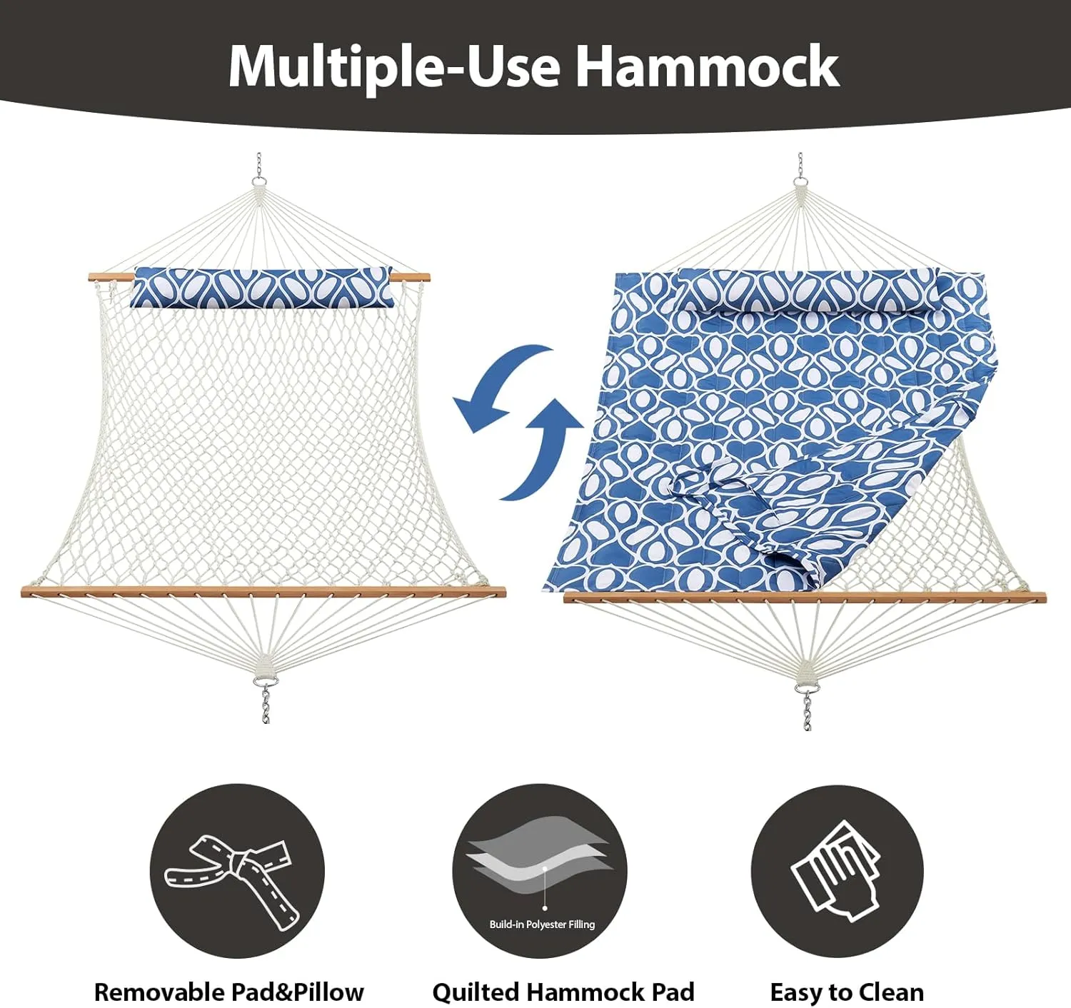 Outdoor Double Hammock with Hardwood Spreader Bars Cotton Rope Hammock with Polyester Pad and Pillow 475 LBS Capacity 2 Person Hammock Large Hammock for Patio Backyard Poolside - Blue Printing