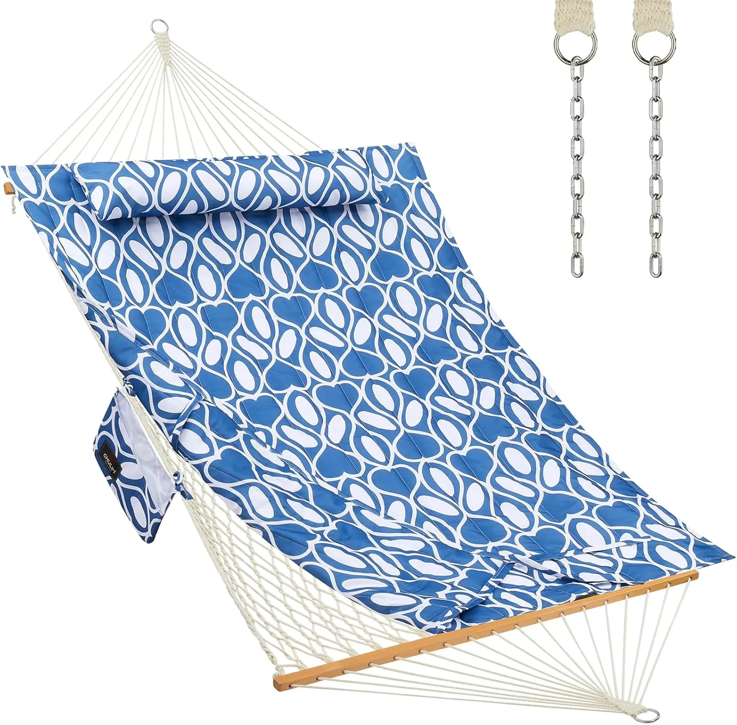 Outdoor Double Hammock with Hardwood Spreader Bars Cotton Rope Hammock with Polyester Pad and Pillow 475 LBS Capacity 2 Person Hammock Large Hammock for Patio Backyard Poolside - Blue Printing