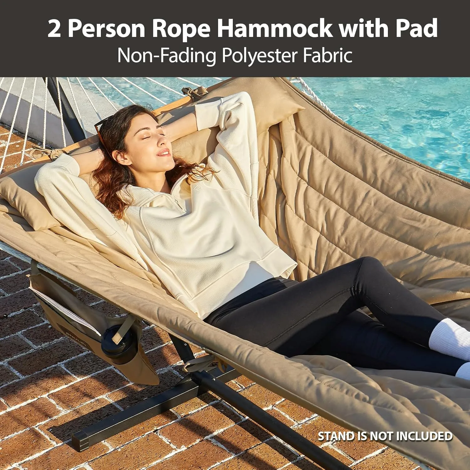 Outdoor Double Hammock with Hardwood Spreader Bars, Cotton Rope Hammock with Polyester Pad and Pillow, 475 LBS Capacity 2 Person Hammock, Large Hammock for Patio Backyard Poolside - Tan