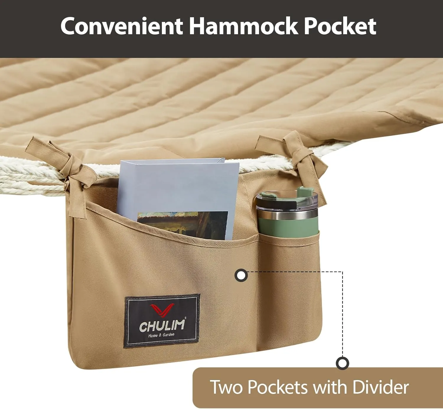 Outdoor Double Hammock with Hardwood Spreader Bars, Cotton Rope Hammock with Polyester Pad and Pillow, 475 LBS Capacity 2 Person Hammock, Large Hammock for Patio Backyard Poolside - Tan
