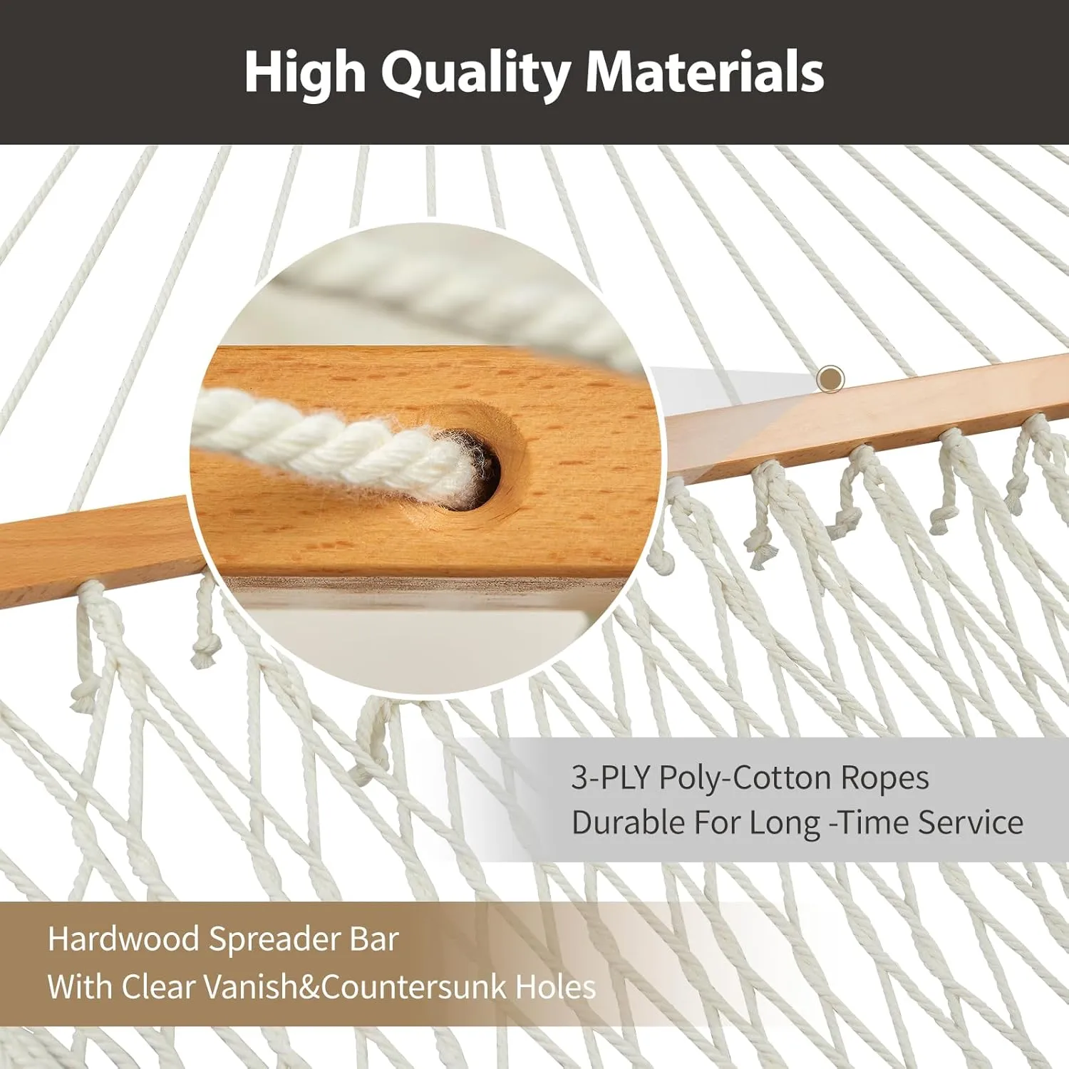 Outdoor Double Hammock with Hardwood Spreader Bars, Cotton Rope Hammock with Polyester Pad and Pillow, 475 LBS Capacity 2 Person Hammock, Large Hammock for Patio Backyard Poolside - Tan