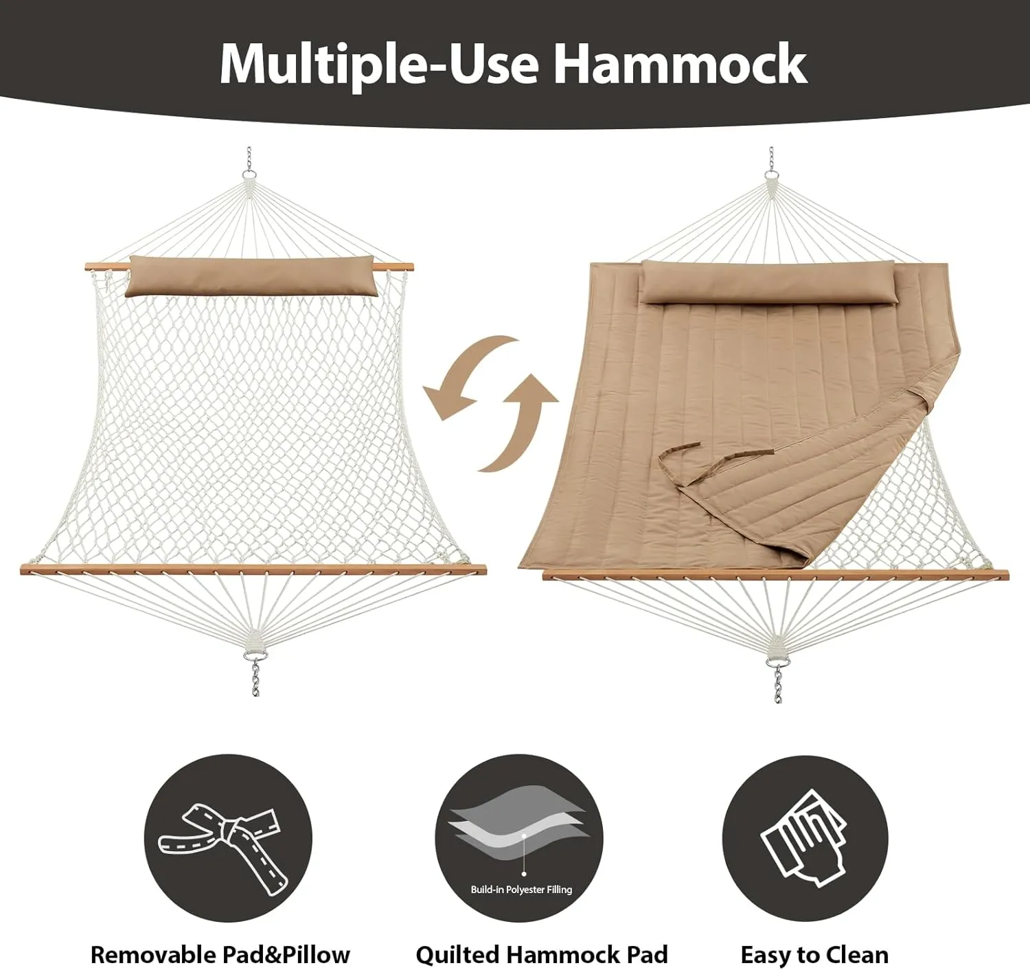 Outdoor Double Hammock with Hardwood Spreader Bars, Cotton Rope Hammock with Polyester Pad and Pillow, 475 LBS Capacity 2 Person Hammock, Large Hammock for Patio Backyard Poolside - Tan