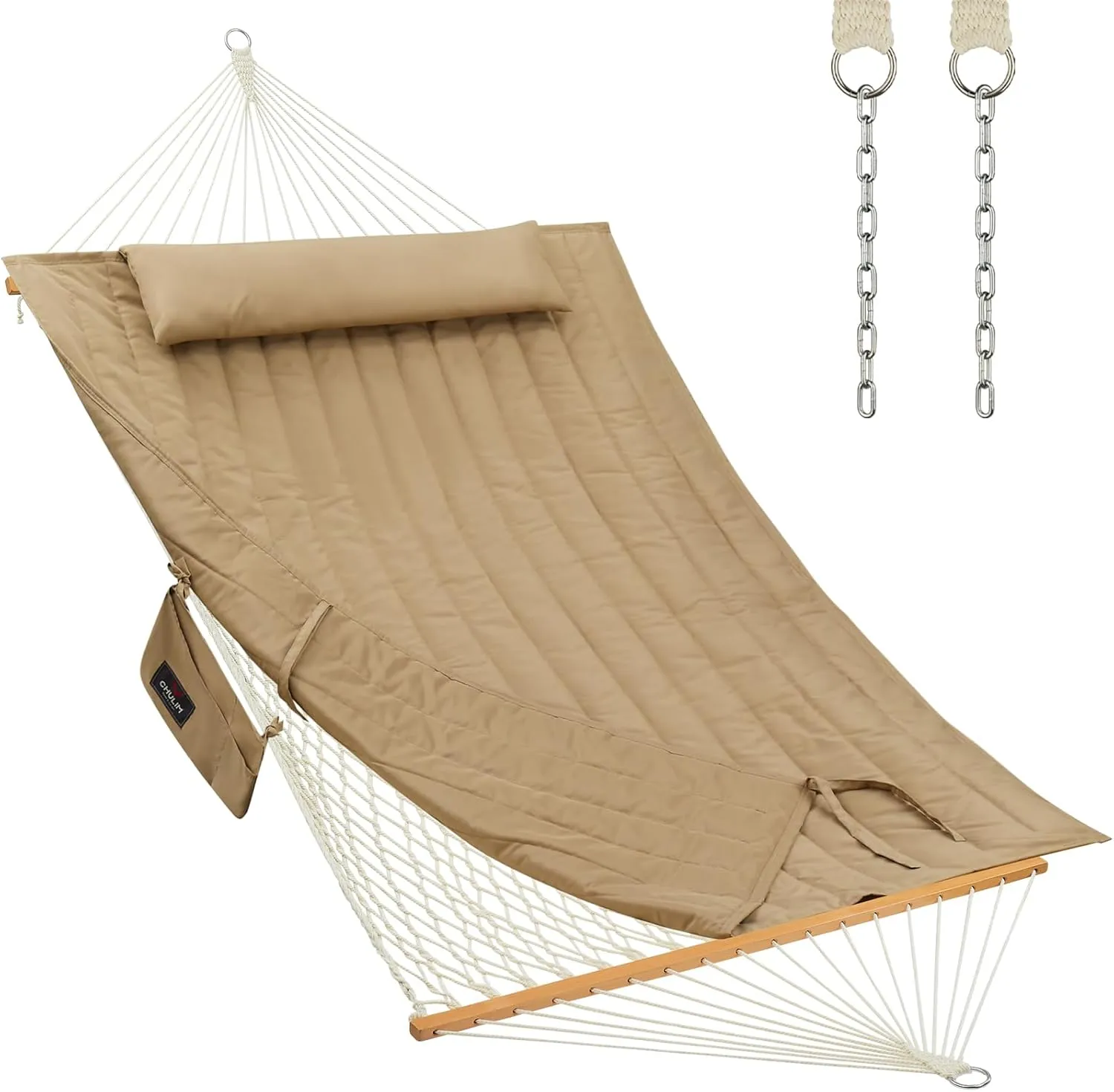 Outdoor Double Hammock with Hardwood Spreader Bars, Cotton Rope Hammock with Polyester Pad and Pillow, 475 LBS Capacity 2 Person Hammock, Large Hammock for Patio Backyard Poolside - Tan