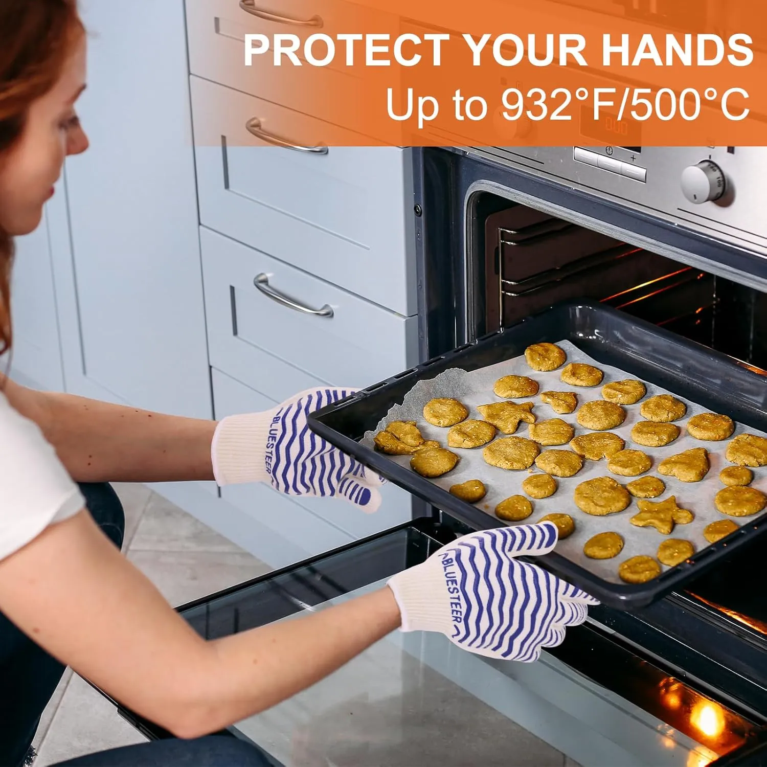 Oven Gloves 932°F Heat Resistant Gloves Oven Mitts with Fingers Grill Gloves Heat Proof BBQ Gloves Silicone Grip Fireproof Gloves for Kitchen Cooking Grilling Baking