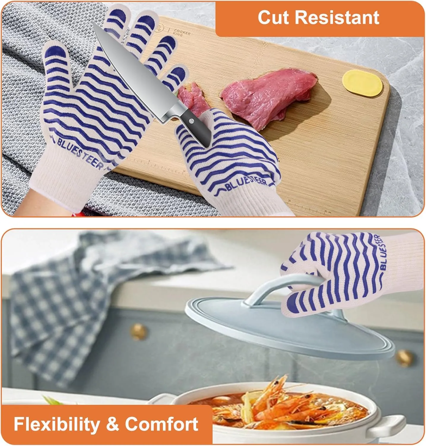 Oven Gloves 932°F Heat Resistant Gloves Oven Mitts with Fingers Grill Gloves Heat Proof BBQ Gloves Silicone Grip Fireproof Gloves for Kitchen Cooking Grilling Baking