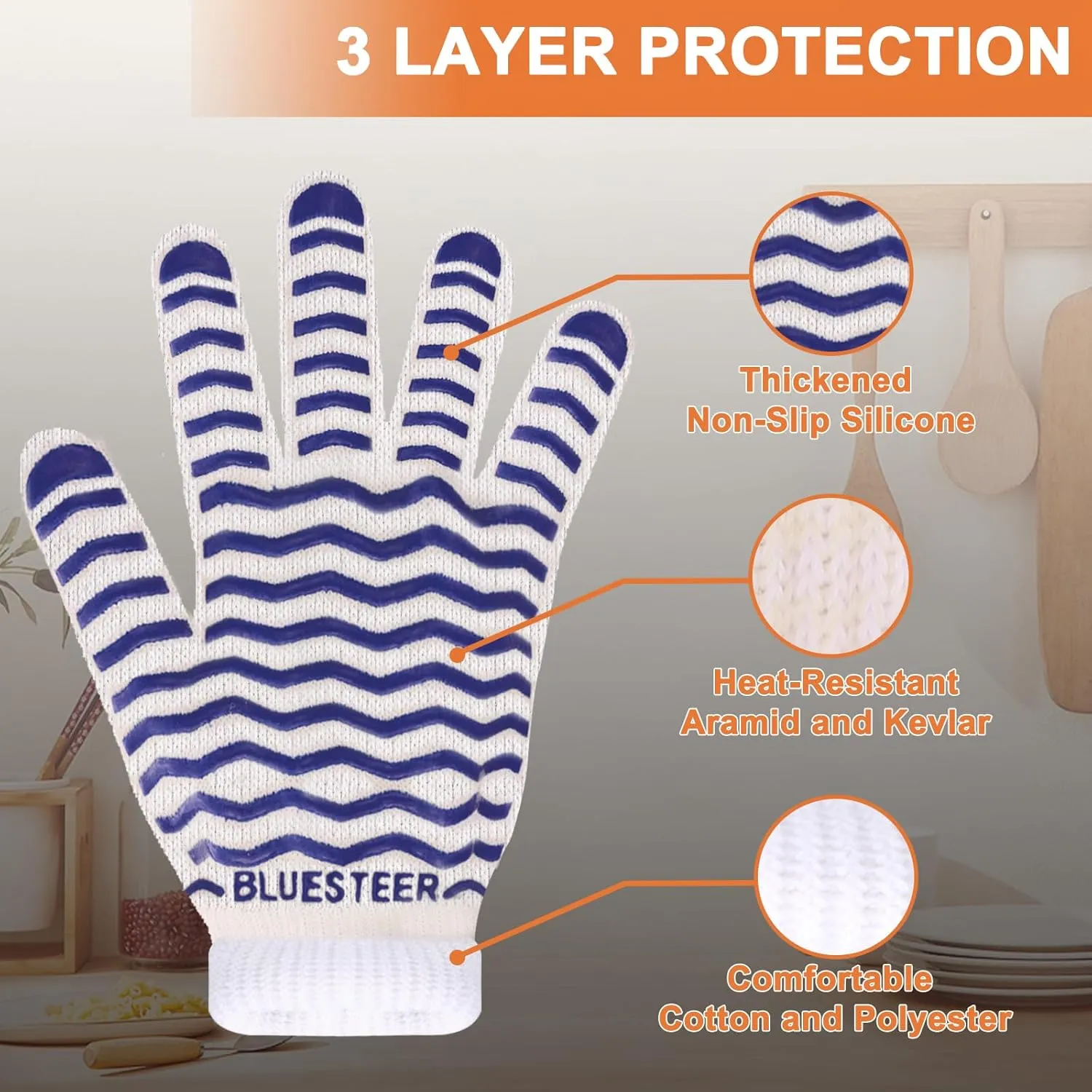 Oven Gloves 932°F Heat Resistant Gloves Oven Mitts with Fingers Grill Gloves Heat Proof BBQ Gloves Silicone Grip Fireproof Gloves for Kitchen Cooking Grilling Baking