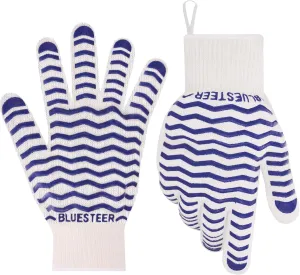 Oven Gloves 932°F Heat Resistant Gloves Oven Mitts with Fingers Grill Gloves Heat Proof BBQ Gloves Silicone Grip Fireproof Gloves for Kitchen Cooking Grilling Baking