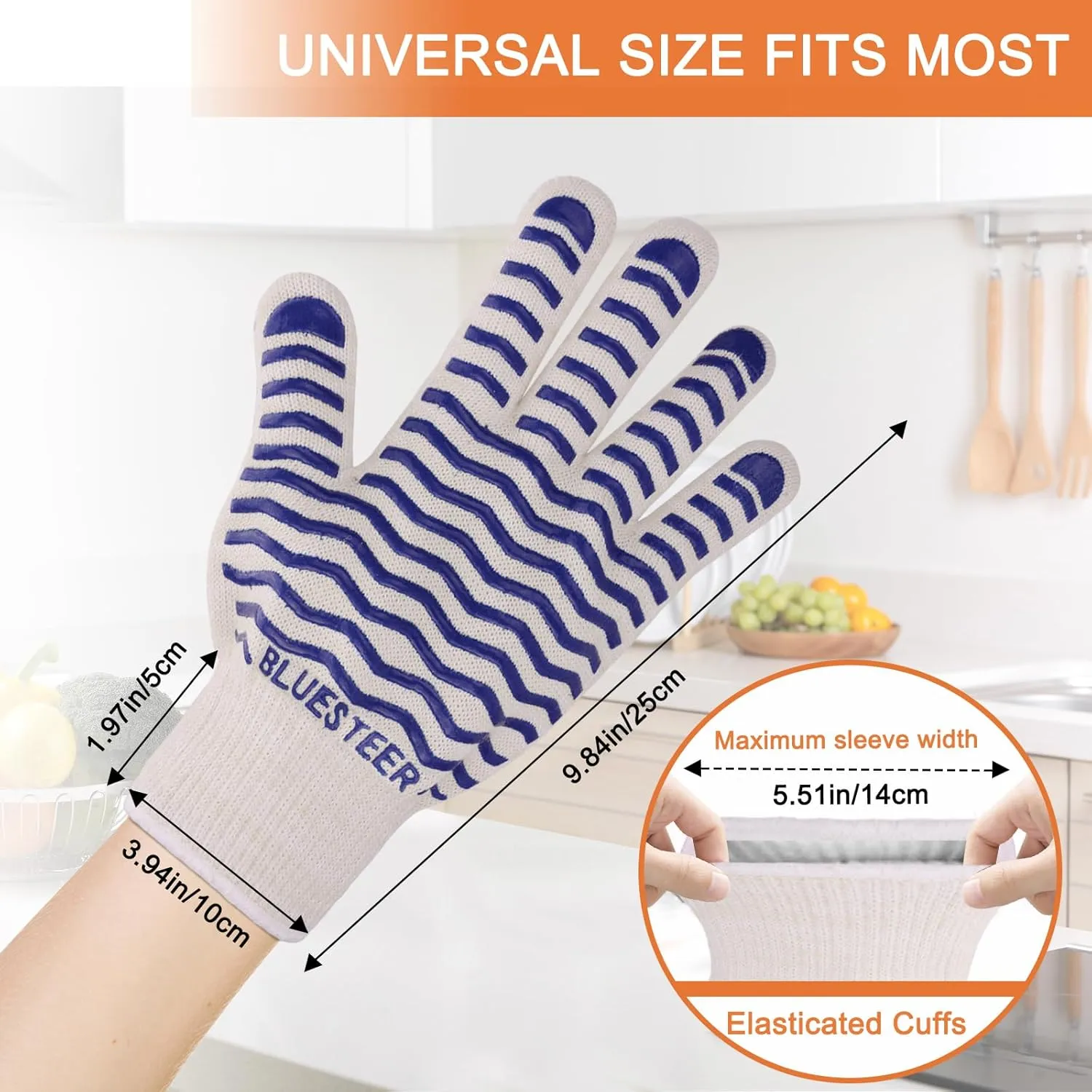 Oven Gloves 932°F Heat Resistant Gloves Oven Mitts with Fingers Grill Gloves Heat Proof BBQ Gloves Silicone Grip Fireproof Gloves for Kitchen Cooking Grilling Baking