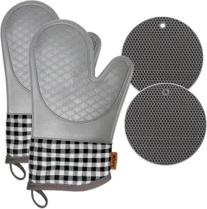 Oven mitt Set,4 Pcs,Jufon Silicone Oven Gloves,Oven mitt Silicone,Flexible Oven Gloves with Quilted Liner for Kitchen Cooking Baking Grilling,Gloves for Home Kitchen Camping Microwave OvenUse