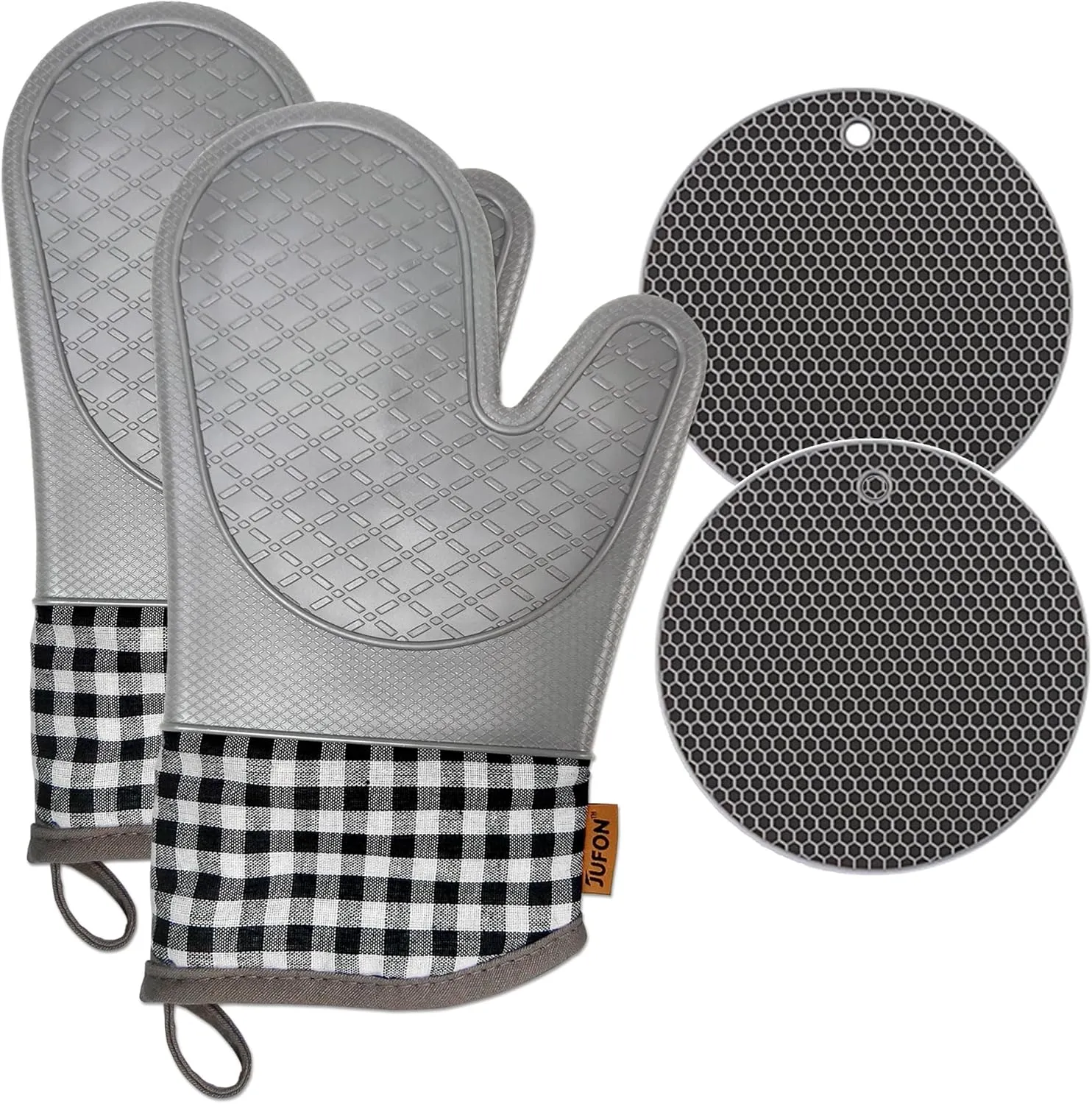 Oven mitt Set,4 Pcs,Jufon Silicone Oven Gloves,Oven mitt Silicone,Flexible Oven Gloves with Quilted Liner for Kitchen Cooking Baking Grilling,Gloves for Home Kitchen Camping Microwave OvenUse
