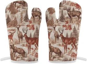 Oven Mitts Kitchen Mitts for Oven Heat Resistant Non-Slip Cooking Gloves Animal Wilderness Bear Deer Printed Baking Gloves