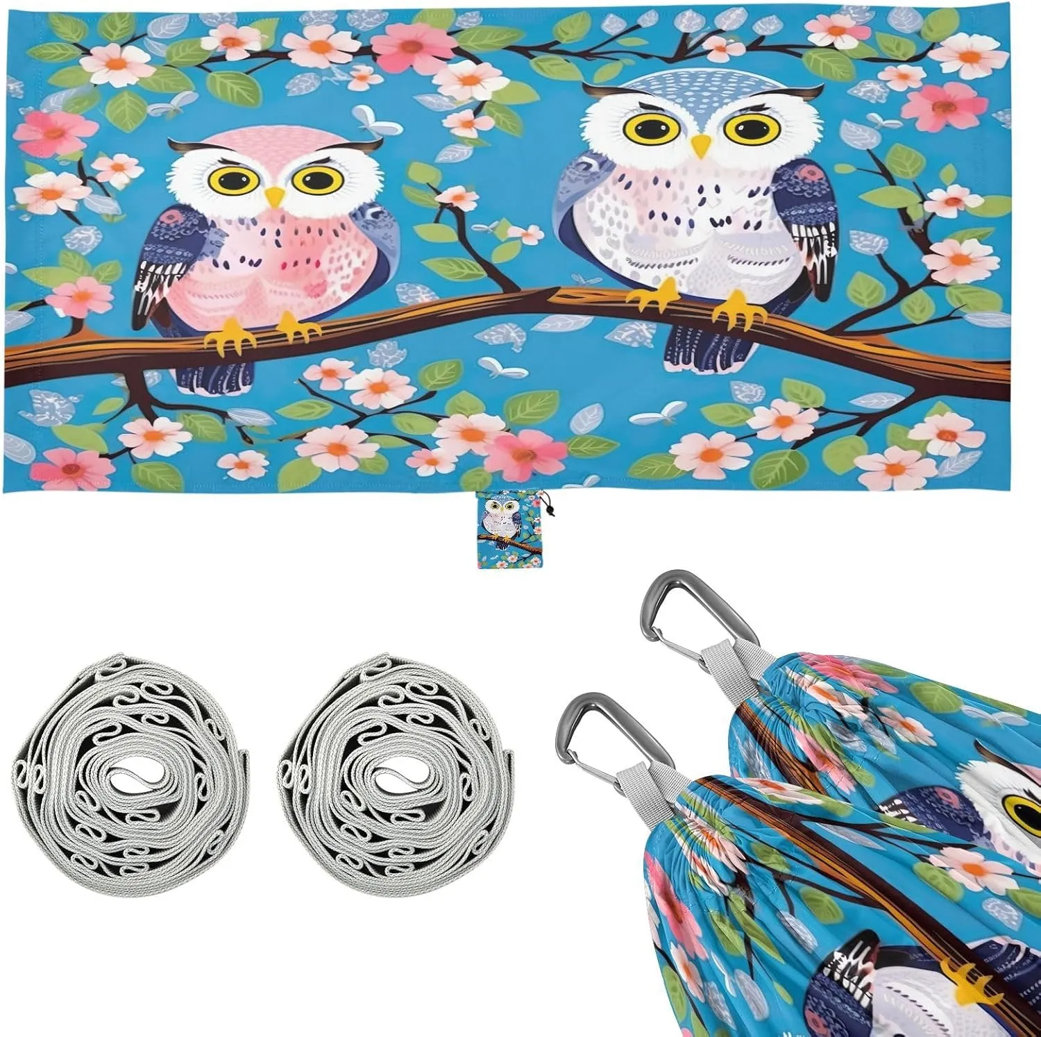 Owls Sitting on Branch Camping Hammock, Single Portable Hammocks with Tree Straps & Attached Carry Bag, 330Lbs Capacity Perfect for Outside Indoor Hiking Beach Backpack Travel