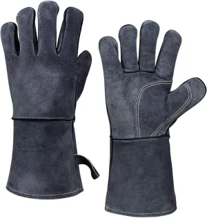OZERO 932°F Heat Resistant Forge Welding Gloves 14 inches Cowhide Leather - Long Sleeve and Insulated Lining Grill Glove for Tig Welder/Mig/Barbecue/Stove Gray