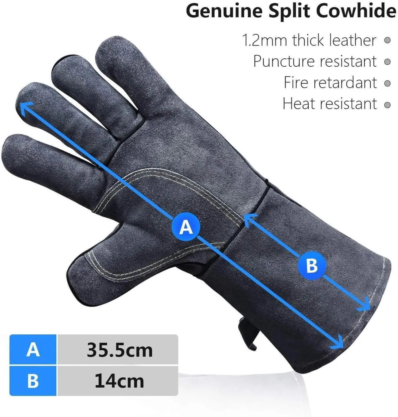OZERO 932°F Heat Resistant Forge Welding Gloves 14 inches Cowhide Leather - Long Sleeve and Insulated Lining Grill Glove for Tig Welder/Mig/Barbecue/Stove Gray