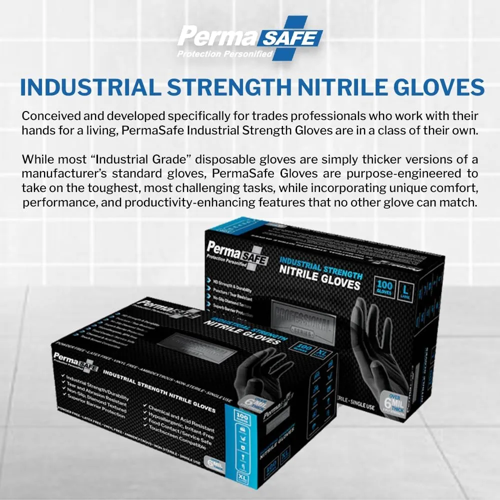 PermaSafe HD Black Disposable Nitrile Industrial Gloves, 6  Mil, Latex-Free, Raised Textured, Mechanics, Medical, Food, More