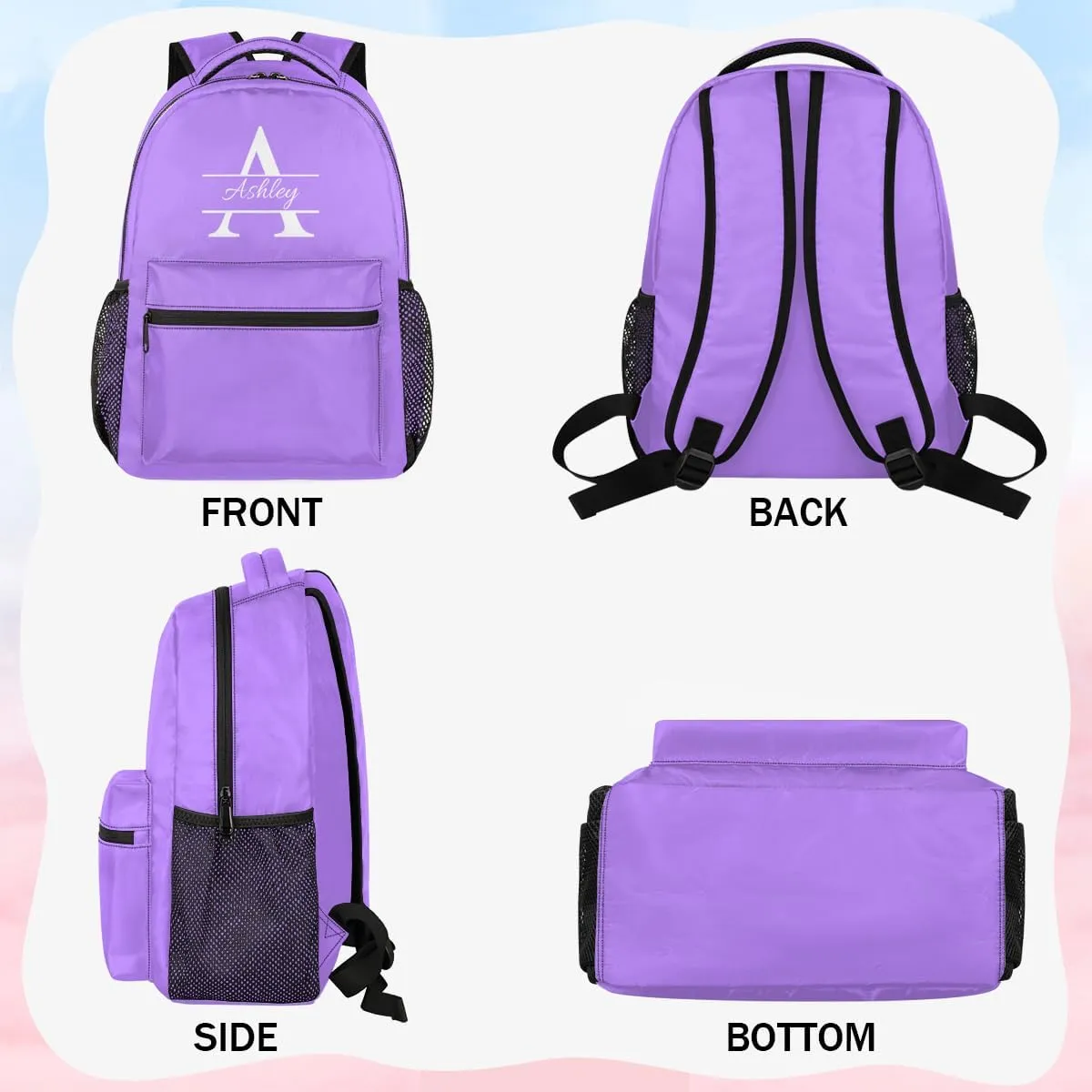Personalized Backpack with Initial & Name Customized Shoulder Bag for Women Waterproof Travel Casual Daypack Gifts 16in, Light Purple