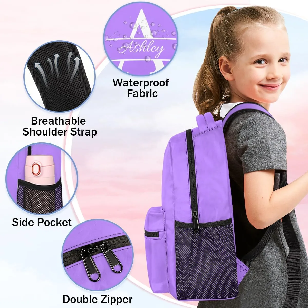 Personalized Backpack with Initial & Name Customized Shoulder Bag for Women Waterproof Travel Casual Daypack Gifts 16in, Light Purple