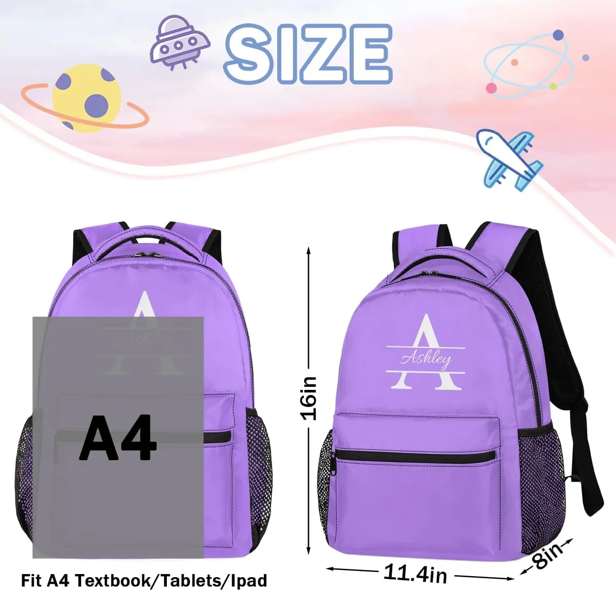 Personalized Backpack with Initial & Name Customized Shoulder Bag for Women Waterproof Travel Casual Daypack Gifts 16in, Light Purple