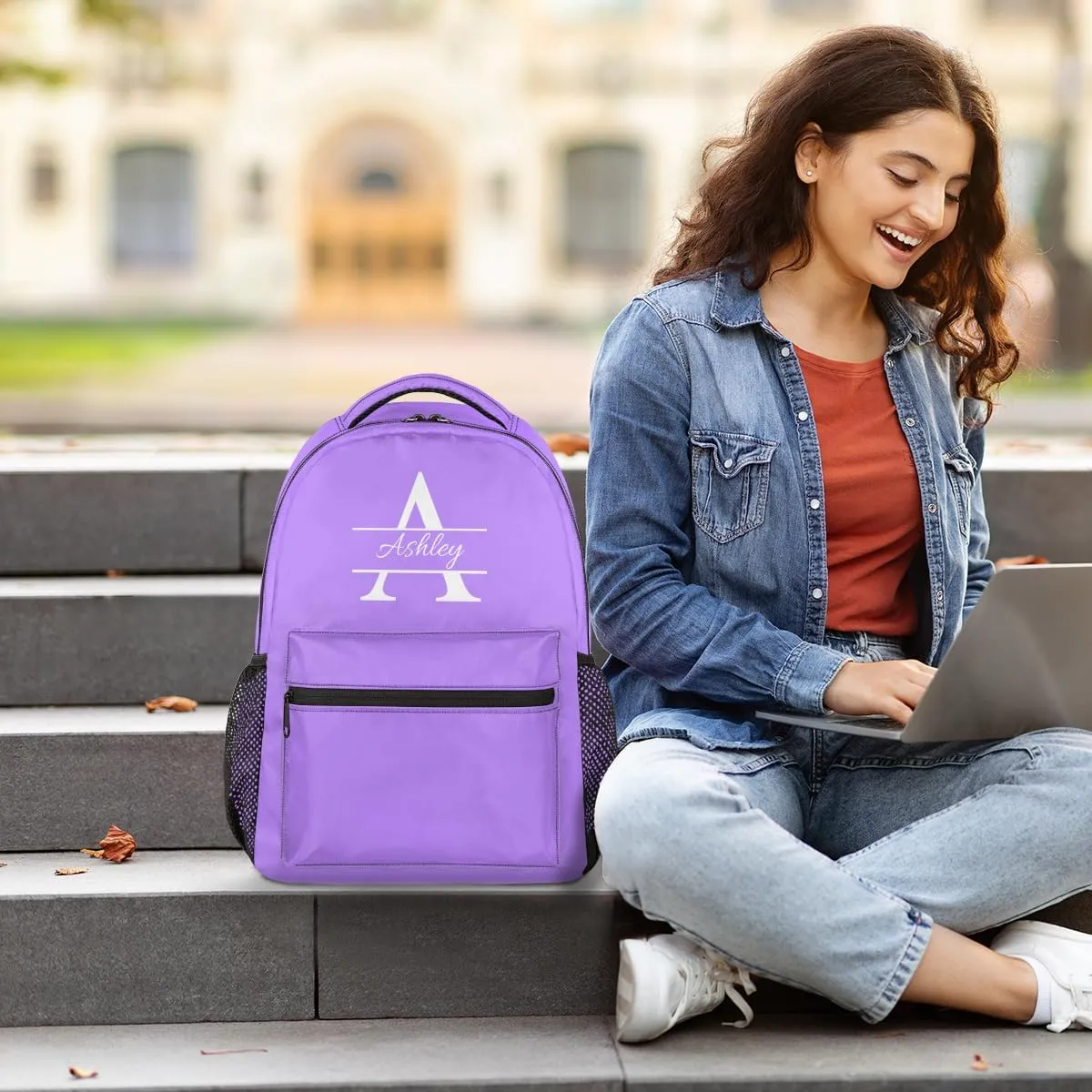 Personalized Backpack with Initial & Name Customized Shoulder Bag for Women Waterproof Travel Casual Daypack Gifts 16in, Light Purple