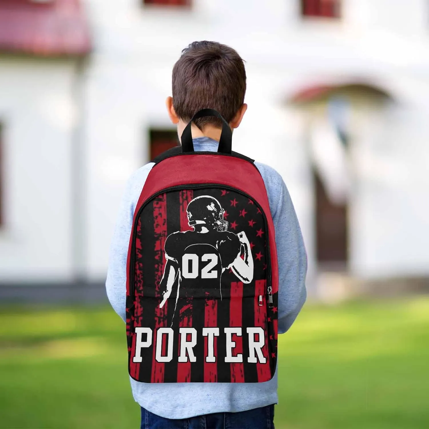 Personalized School Backpack with Name Text Football Player USA Flag Pattern Custom Bookbag for Kids Boys Girls, Waterproof Elementary Customize Book Bag with Adjustable Shoulder Straps for School