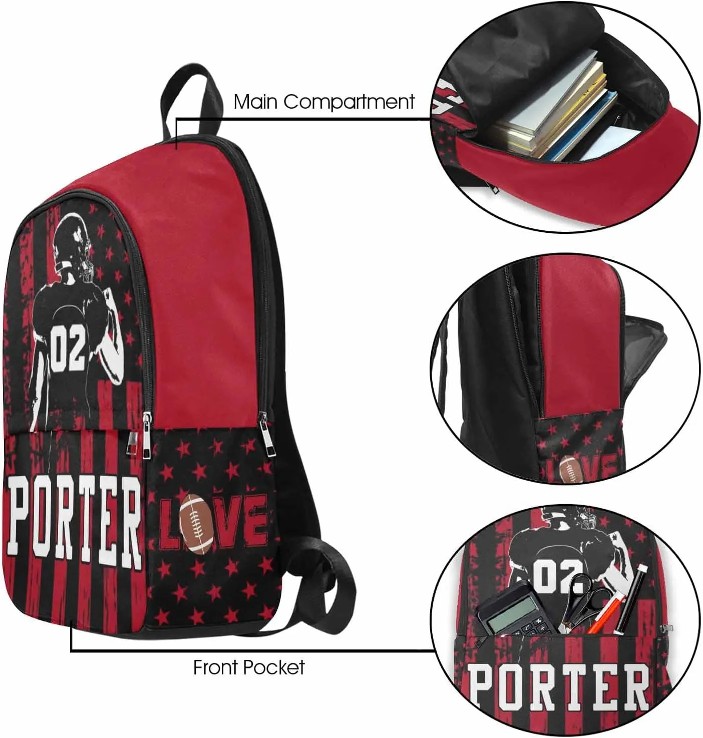 Personalized School Backpack with Name Text Football Player USA Flag Pattern Custom Bookbag for Kids Boys Girls, Waterproof Elementary Customize Book Bag with Adjustable Shoulder Straps for School