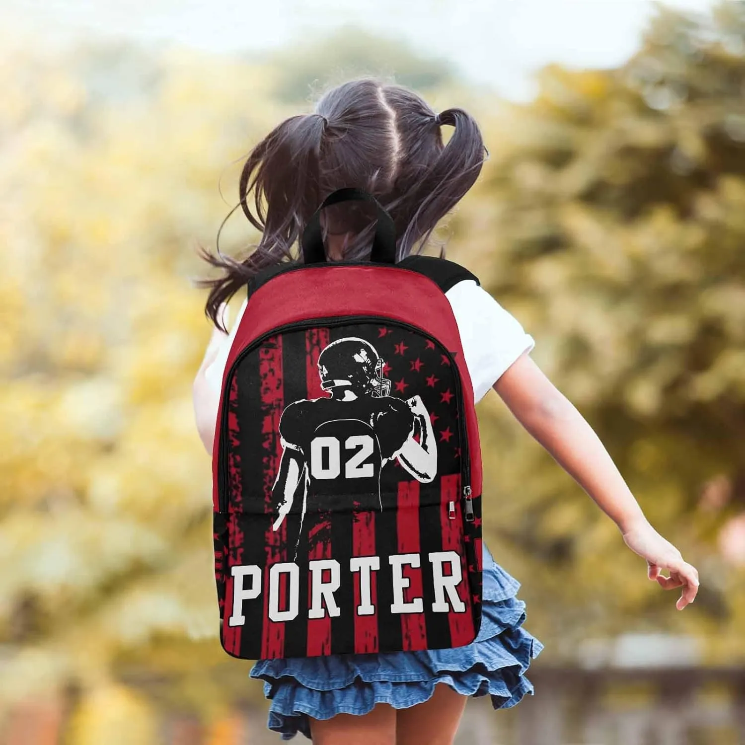 Personalized School Backpack with Name Text Football Player USA Flag Pattern Custom Bookbag for Kids Boys Girls, Waterproof Elementary Customize Book Bag with Adjustable Shoulder Straps for School