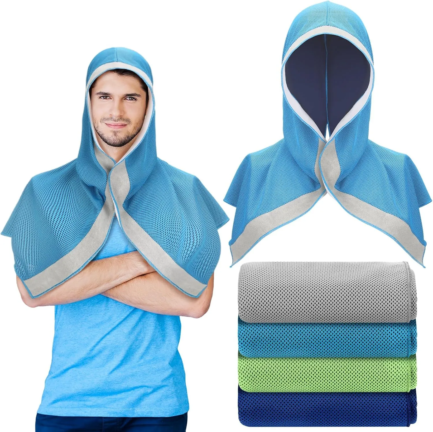 Peryiter 4 Pcs Cooling Towels for Neck and Face Cooling Hoodie Towels for Men Soft Breathable Chilly Towel Cooling Hooded Wraps for Hot Weather for Sports Exercise Yoga Gym Workout Camping Cycling