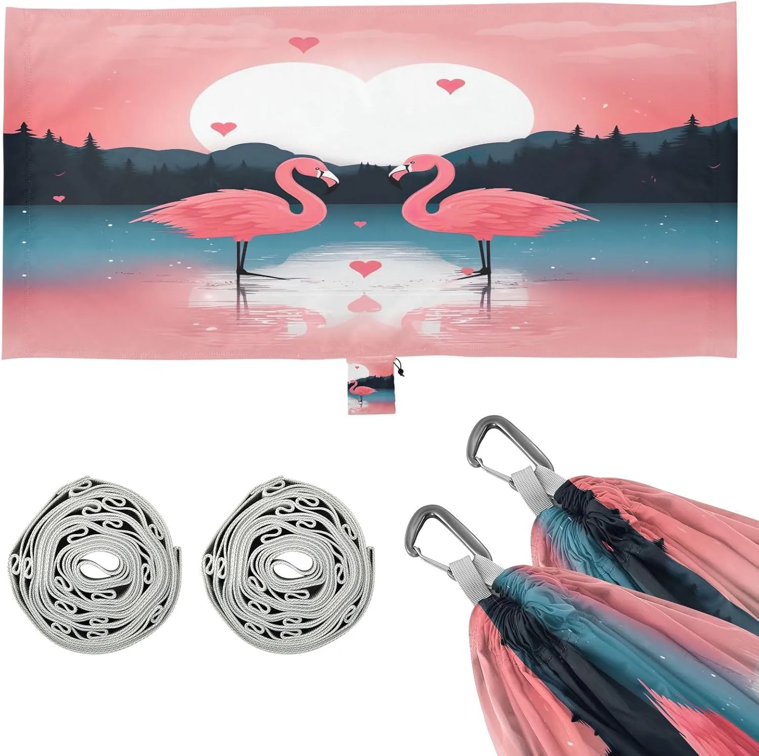 Pink Flamingos Camping Hammock, 330 lbs with 2 Tree Straps, Carry Bag, Single Portable Hammock for Outdoor/Indoor, Hiking, Beach, Backpacking, Travel