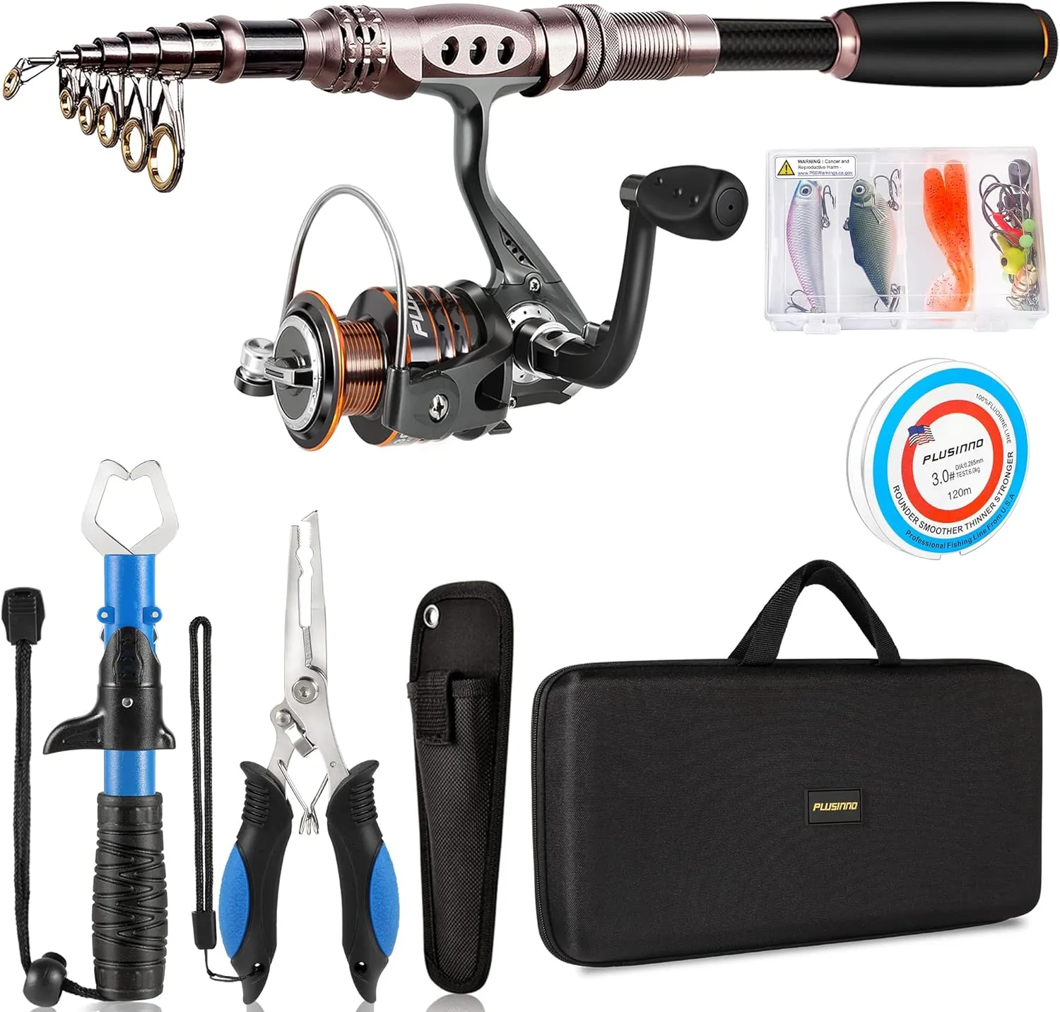 PLUSINNO Fishing Rod and Reel Combos Carbon Fiber Telescopic Fishing Pole with Reel Combo Sea Saltwater Freshwater Kit Fishing Rod Kit