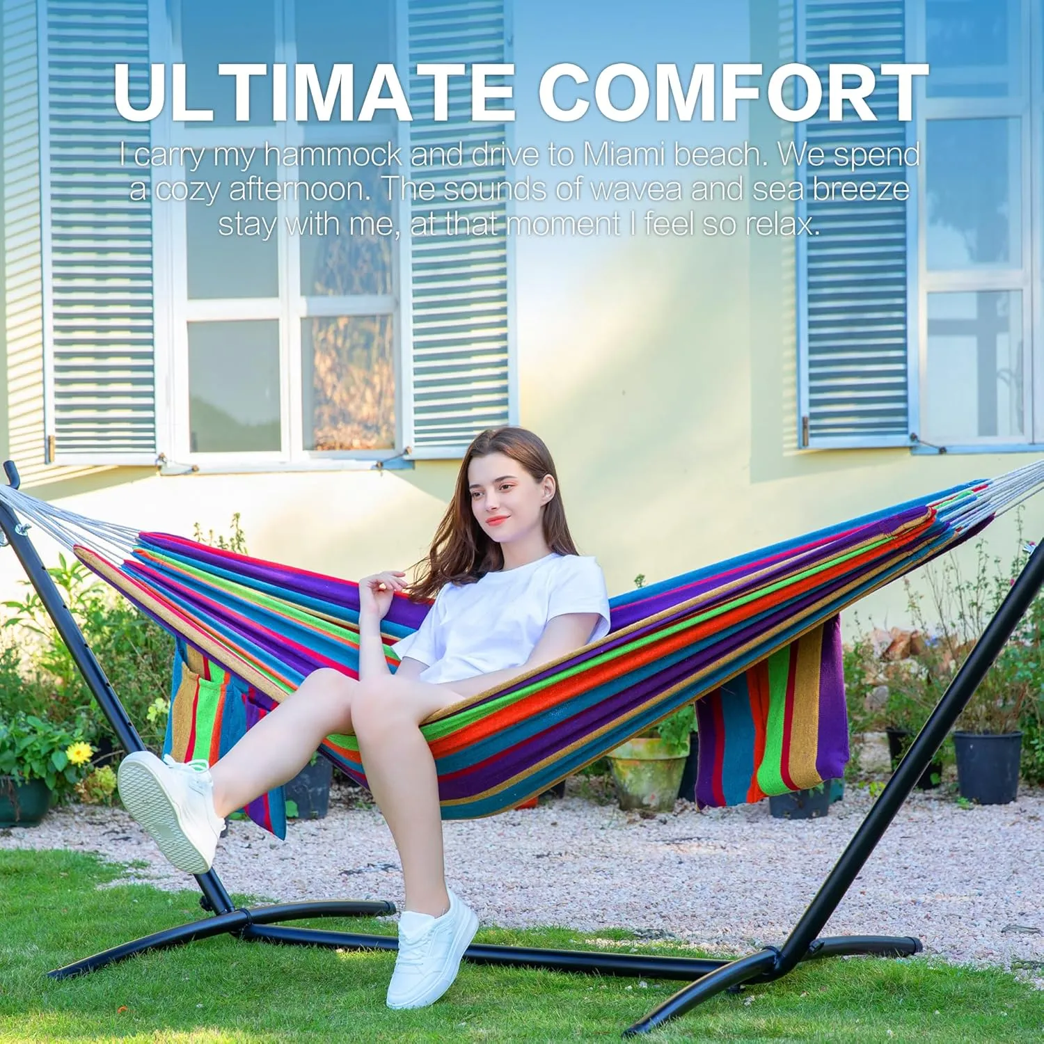 PNAEUT Double Hammock with Space Saving Steel Stand 2 Person Heavy Duty Garden Yard Outdoor 450lb Capacity Hammocks and Portable Carrying Bag (Tropical)