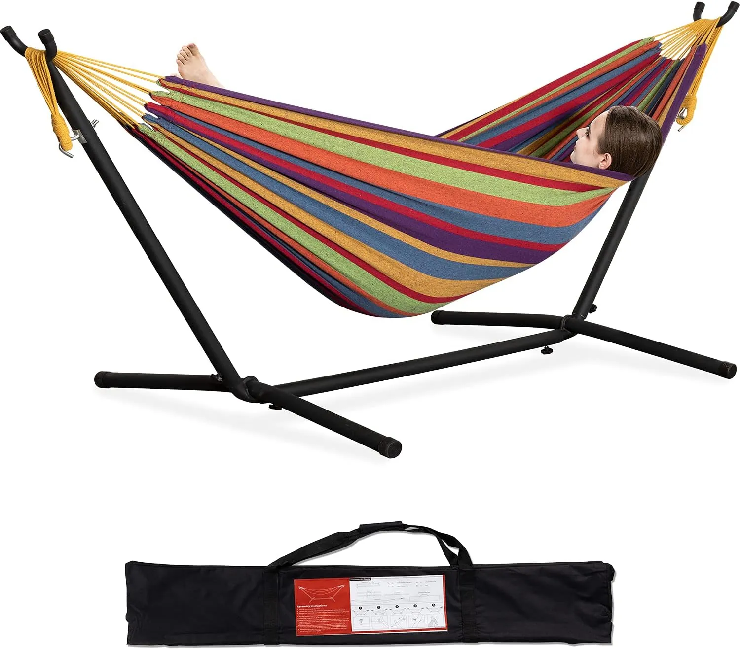PNAEUT Double Hammock with Space Saving Steel Stand 2 Person Heavy Duty Garden Yard Outdoor 450lb Capacity Hammocks and Portable Carrying Bag (Tropical)
