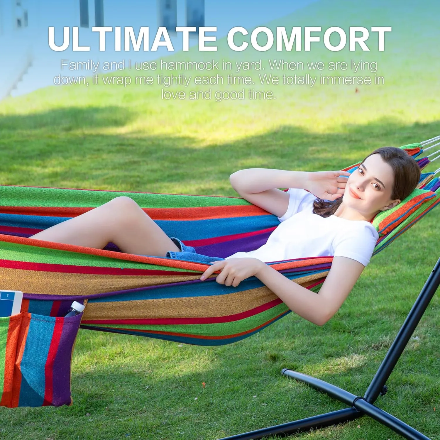 PNAEUT Double Hammock with Space Saving Steel Stand 2 Person Heavy Duty Garden Yard Outdoor 450lb Capacity Hammocks and Portable Carrying Bag (Tropical)